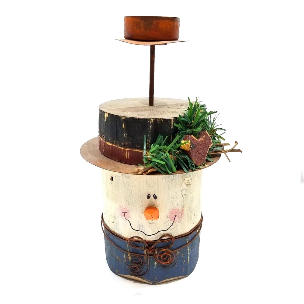 Wooden Snowman Votive Candle Holder New
